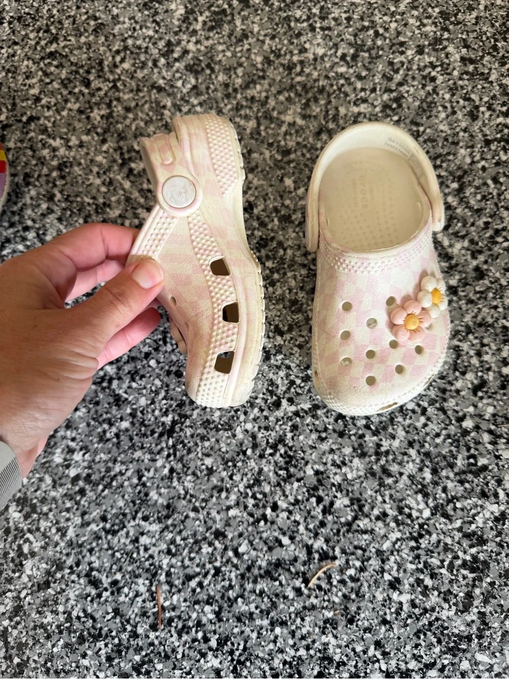 Kids Pink and White Checkered Crocs